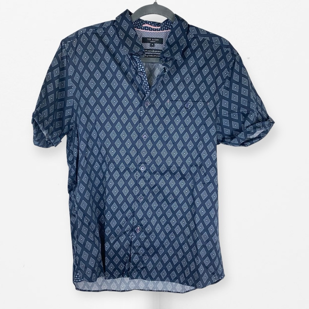 Ted Baker Blue Casual Button Down Collared diamond GEO patterned Shirt 4